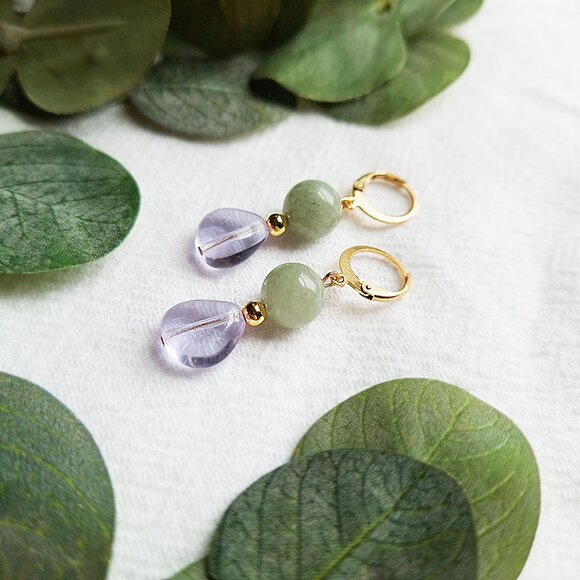 Ethereal Fairycore Earrings, Mystical Romantic Dangles, Gold Plated Jade Earring - Picture 6 of 6